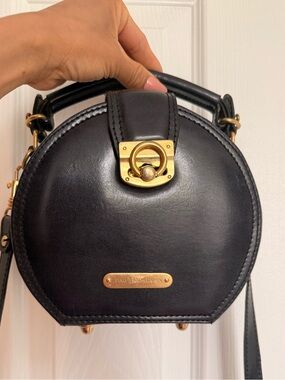 Polo by Ralph Lauren Black Round Leather Top-Handle Crossbody with Gold Hardware